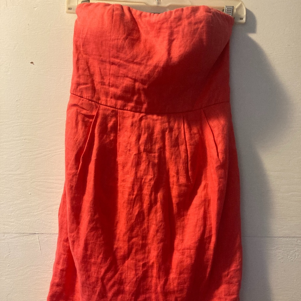 Pleated coral mini linen dress